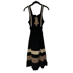 Vintage Dress Black Brown Patterned Bonnet Girl Pictorial Cottage Country Retro